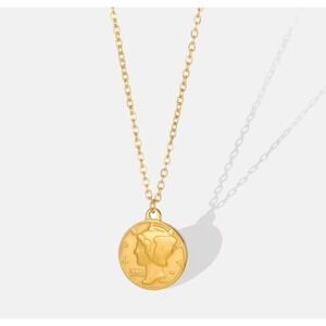 14k Finish Coin Pendant Necklace stainless steel‎ Liberty Mercury Dime Charm